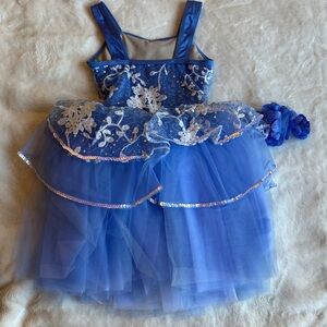 Weissman Blue Tutu Dance Costume w/ Floral Sequin Overlay & Hair Clip Child SC